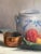 Beautiful original still life painting. Blue pottery, bowl of fruit/vegetables, and copper pot on table. Great addition to...