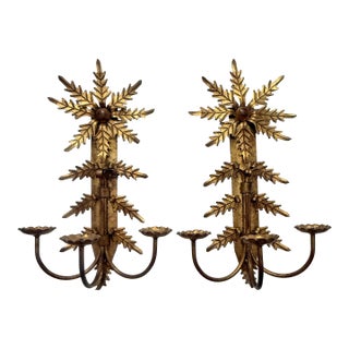 Pair, Mid Century Italian Gilt Metal Leaf Starburst Three Arm Candle Sconces For Sale