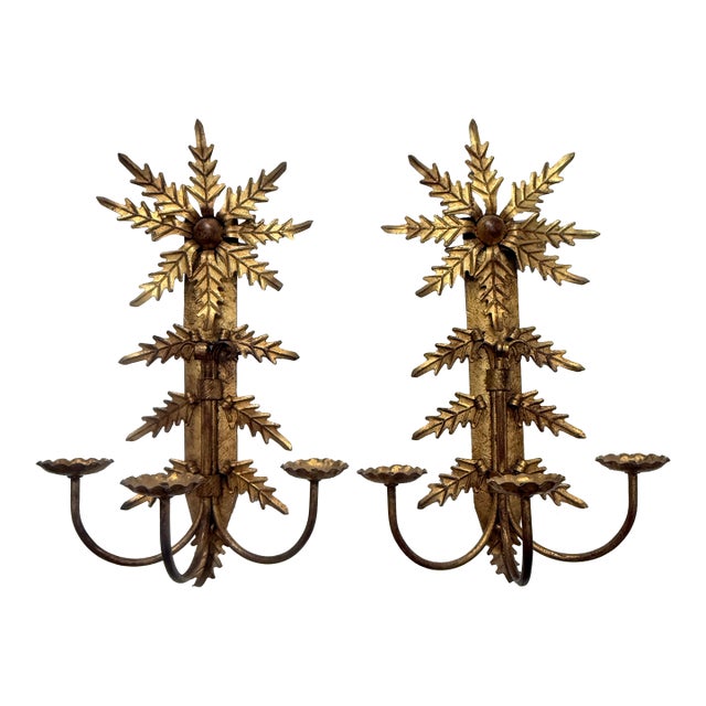 Pair, Mid Century Italian Gilt Metal Leaf Starburst Three Arm Candle Sconces For Sale