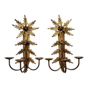 Pair, Mid Century Italian Gilt Metal Leaf Starburst Three Arm Candle Sconces