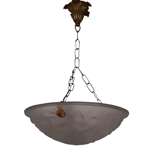 French Art Deco Ceiling Lamp with Brass Mount & Domed Glass Bowl with Floral Motif, 1930s For Sale