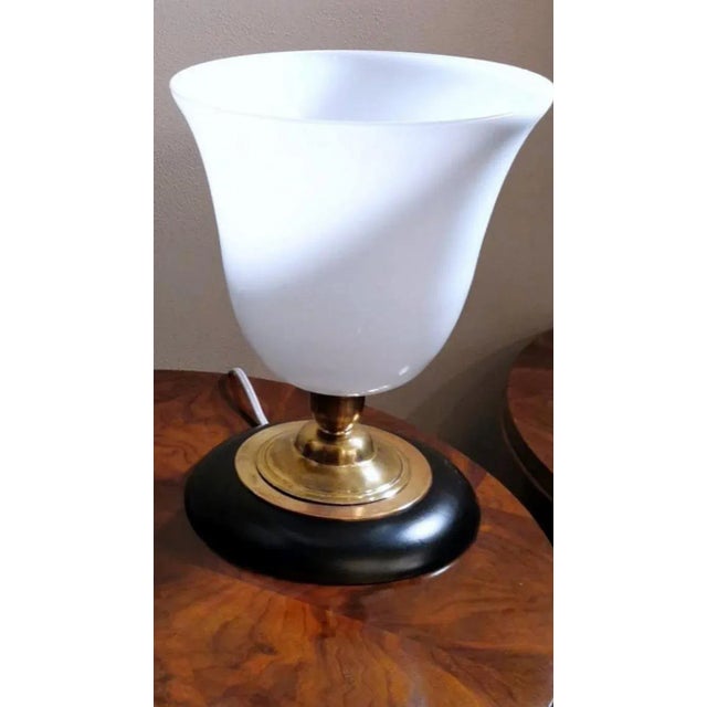1930s 1930s Mazda Style Art Deco Table Lamp Made of Opaline Glass, Brass and Wood For Sale - Image 5 of 13