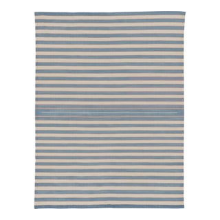 Rug & Kilim’s Indian Dhurrie Rug in Slate Blue and Ivory Stripes For Sale