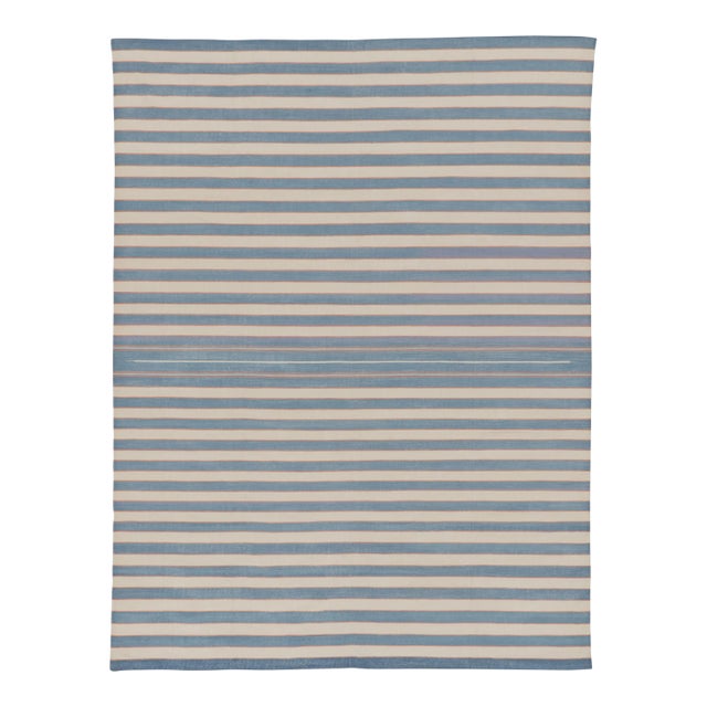 Rug & Kilim’s Indian Dhurrie Rug in Slate Blue and Ivory Stripes For Sale