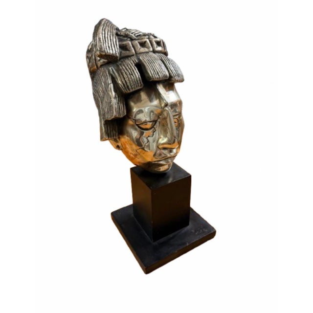 Wood 1970s Mayan Aztec Warrior Silvered Bust For Sale - Image 7 of 8