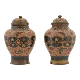 Pair of Early Meiji Japanese Cloisonne Enamel Jars Attributed Namikawa Yasuyuki For Sale