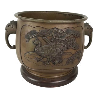 Antique Bronze Double Elephant Handle Bronze Pattern & Eagle and Pheasant Bird Coal Pot / Flower Pot For Sale