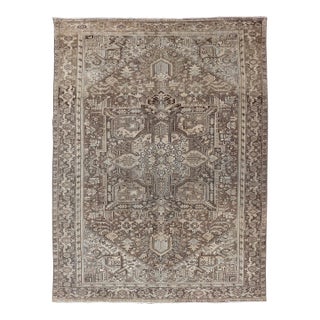Antique Persian Heriz Rug With Geometric Medallion and Soft Neutral Tones For Sale