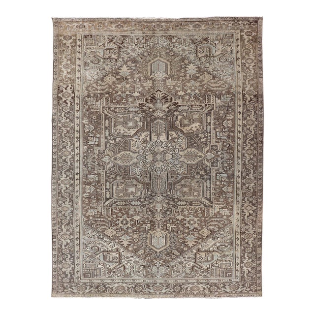 Antique Persian Heriz Rug With Geometric Medallion and Soft Neutral Tones For Sale