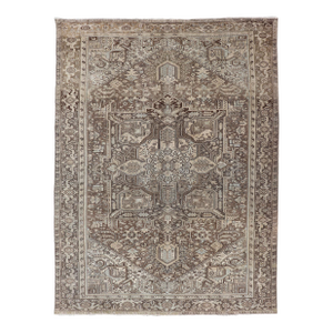 Antique Persian Heriz Rug With Geometric Medallion and Soft Neutral Tones