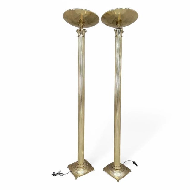 Vintage Art Deco Rembrandt Brass Corinthian Column Torchiere Floor Lamp - Pair Elevate your home decor with this stunning...