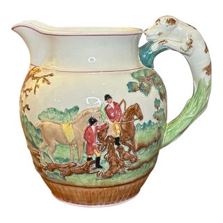 Large Vintage Wedgwood Etruria Pitcher Circa 1930s - English Hunt Scene With Hound Handle For Sale