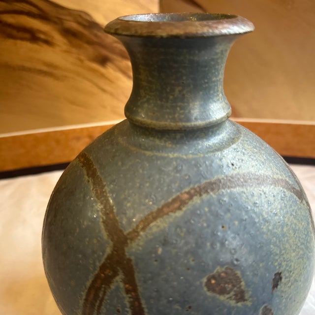 1970s Vintage Blue Asian Abstract Pottery Vase For Sale - Image 5 of 7