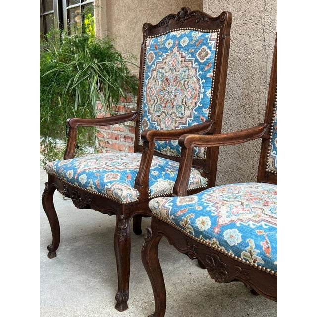 Pair Antique French Dining Arm Chairs Louis XV Carved Oak Blue Persian Textile For Sale - Image 15 of 18