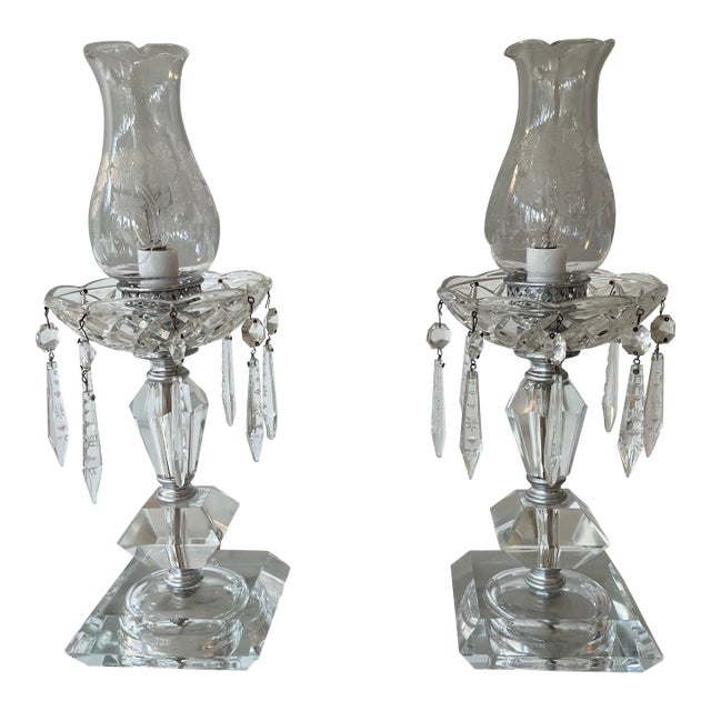 1940s Pair of Crystal Electric Hurricane Lamps For Sale