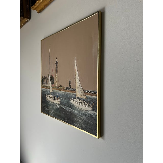 70's Frank Walcutt Impressionist Seascape - Sail Boats Oil on Canvas Painting . For Sale - Image 4 of 12