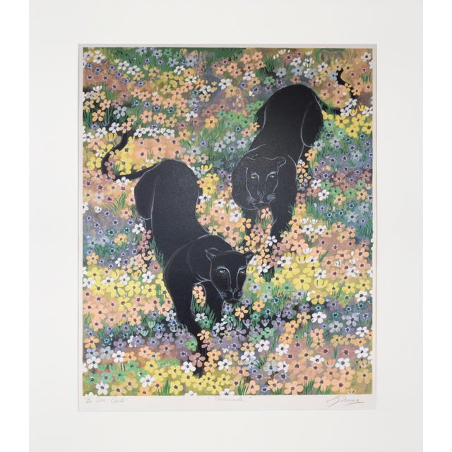 Large lithograph of panthers titled "Promenade" by Gustavo Novoa. Pencil signed and presented in a Large hand painted,...