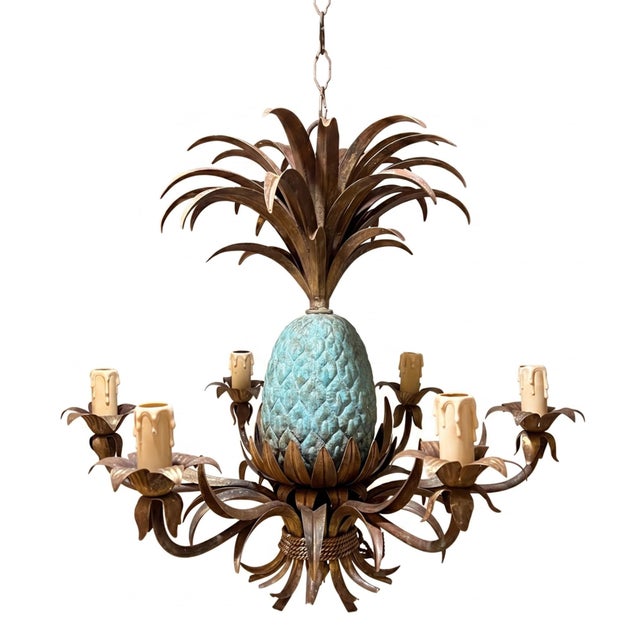 French Verdigris 6-Arm Pineapple Chandelier, 1950s For Sale - Image 6 of 6