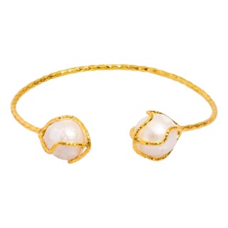 Cleopatra Double Pearl Design Gold Cuff Bracelet For Sale