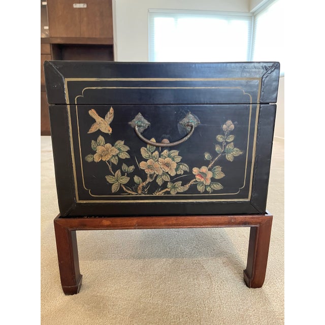 Late 20th Century Antique Chinese Hand Painted Pigskin Trunk, Black Lacquer For Sale In Los Angeles - Image 6 of 11