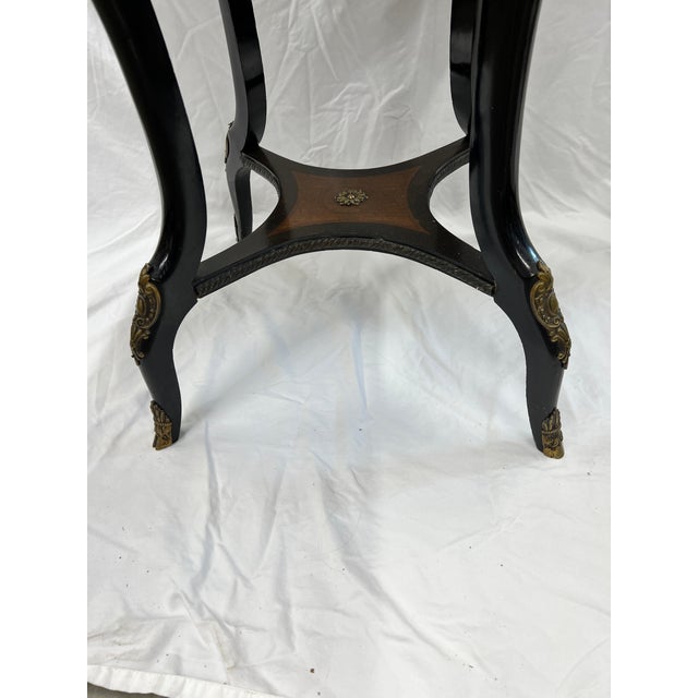 French Antique Late 1800s French Style One Drawer Ebonized Legs, Burl Wood Marquerty, Musical Design Drop Side Top and Gilt Bronze Mounts. For Sale - Image 3 of 10