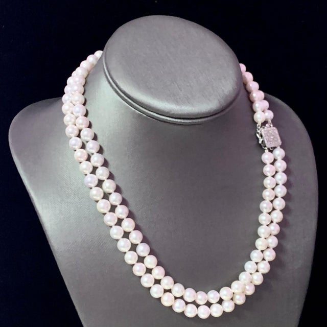 Traditional Diamond Akoya Pearl 2-Strand Necklace 14k Gold Certified For Sale - Image 3 of 11