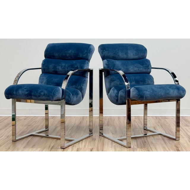 CUSTOM Newly upholstered vintage MCM chrome frame sling chairs. Truly stunning! Reupholstered in a rich blue velvet to...