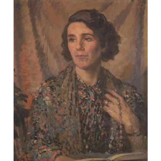 A.J., Portrait of a Woman in a Patterned Gown, 1920s, Oil Painting For Sale - Image 3 of 13