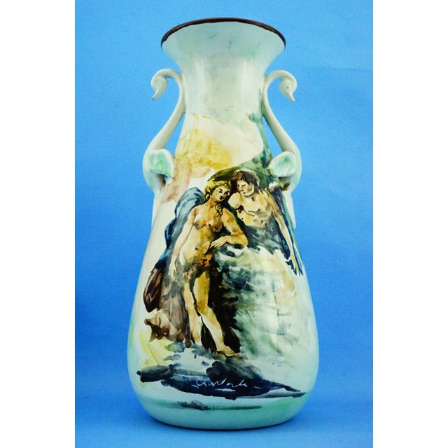 Green Majolica Ceramic Amphora Vase with Swan Handles by Nicola Ciavardoni Albisola, Italy, 1950s For Sale - Image 8 of 18