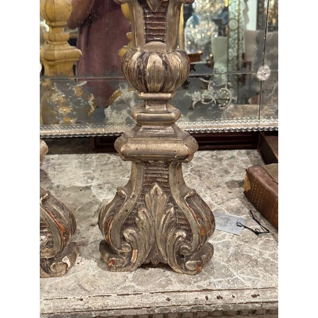 Traditional 19th Century Italian Carved Silver Leaf Altar Sticks For Sale - Image 3 of 7