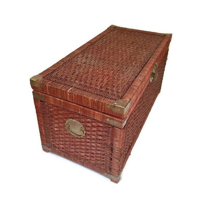 Vintage Rattan Trunk Woven Wicker Blanket Chest Chinese Brass Hardware