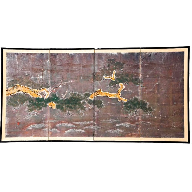 Silver Vintage Japanese Four-Panel Hand-Painted Silver Leaf Pine Tree Folding Screen For Sale - Image 8 of 16
