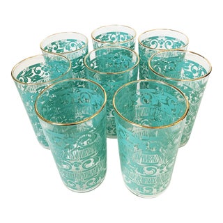 Mid-Century Modern Gold Rimmed Turquoise Tumbler Drinking Glasses- Set of 8 For Sale