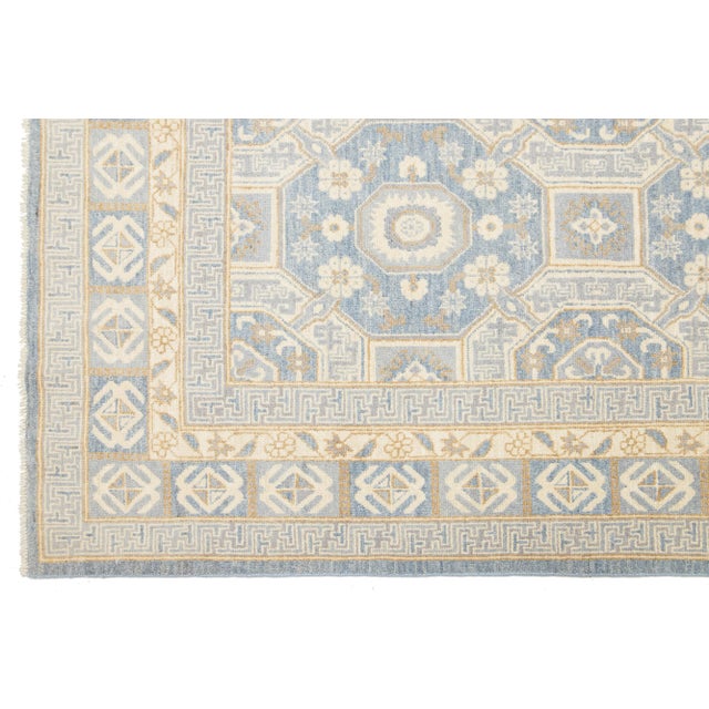 Blue and Beige Modern Oushak Style Handmade Wool Rug With Geometric Design For Sale - Image 9 of 9