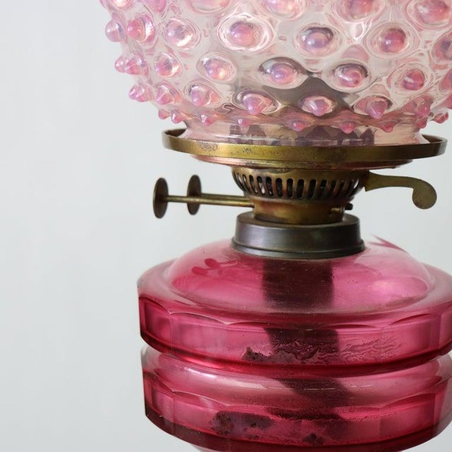 English John Scott Bronze, Cranberry & Opalescent Hobnail Glass Oil Lamp C1890 For Sale - Image 6 of 9