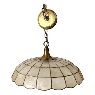Vintage Capiz Shell Pendant Light With Brass Hardware and Scalloped Edge For Sale