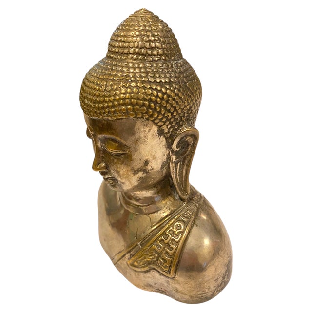 Silver Buddha Bust Brass/Bronze Silvered Nepal Tibet Yoga Meditation Decor 6.75" For Sale - Image 8 of 9
