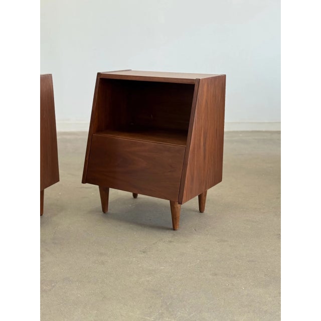 W19.5 D14 H23.5 Fully restored angular nightstands in overall great condition. Each unit features hidden pulls , nice...