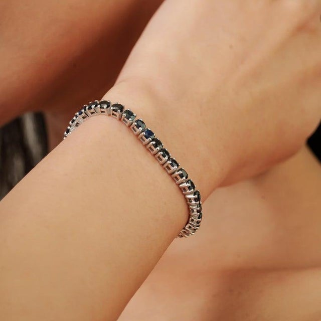 Metal 925 Sterling Silver 11.4 Carat Blue Sapphire Tennis Bracelet- Elegant Fine Jewelry For Sale - Image 7 of 12