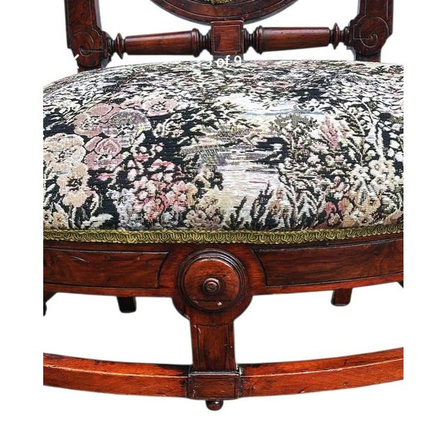 Rare Pair of Antique Medallion Back Parlor Armchairs – Ornate Carved Wood & Floral Tapestry For Sale - Image 10 of 12