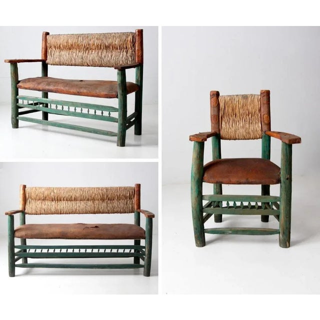 A vintage hacienda-style set composed of a bench and two armchairs. The pieces combine woven rush backs with hand-shaped...