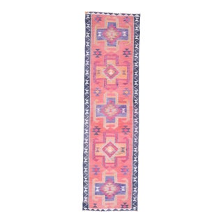 1970s Vintage Handmade Turkish Wool Cotton Pink Runner Rug For Sale