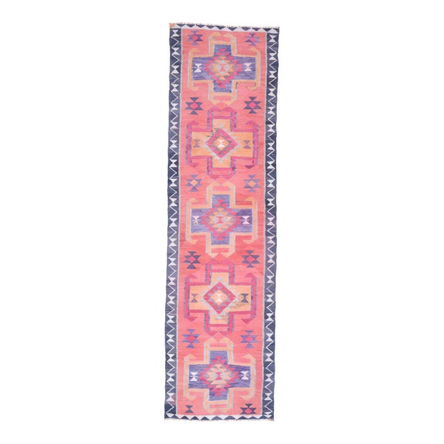 1970s Vintage Handmade Turkish Wool Cotton Pink Runner Rug For Sale