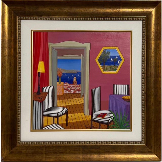 Fanch (Francois Ledan), Whimsical Naive Mediterranean Seaside Interior Folk Art Oil Painting Fanch Ledan, 2002 For Sale - Image 11 of 18