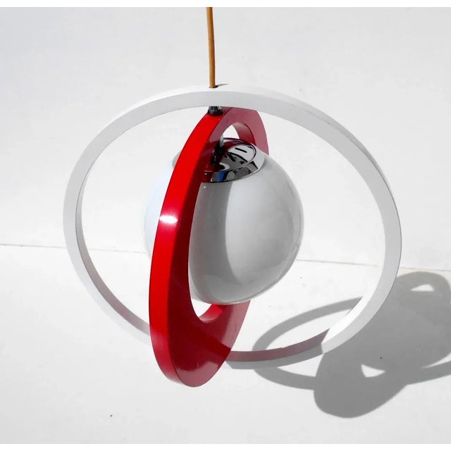 - Space Age Italian pendant lamp from the 1960s - White and red rings in painted wood - Globe in opal glass European Plug...