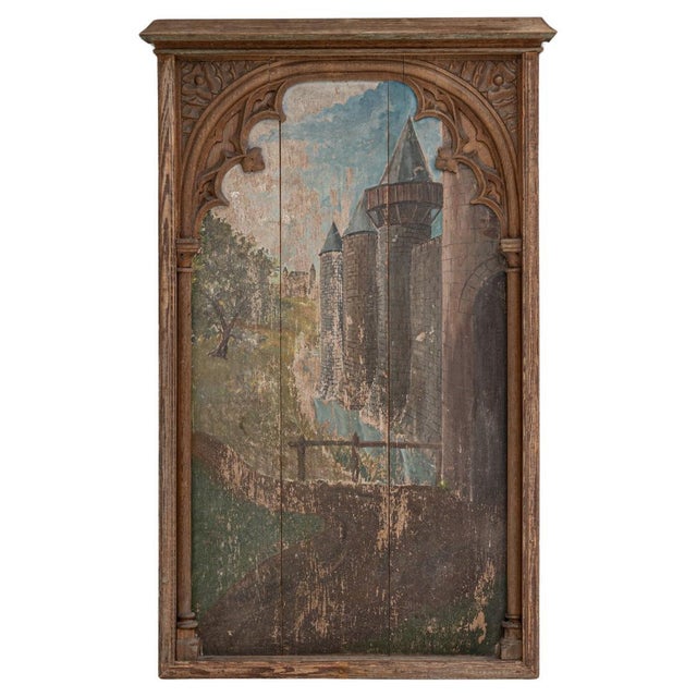 1928 French Gothic Revival Painting with Architectural Frame For Sale - Image 9 of 18