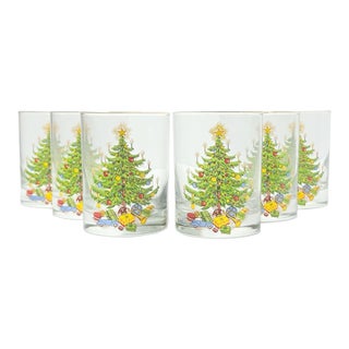 1980s Vintage Christmas Tree Old Fashioned Tumbler Drinking Glasses - Set of 6 For Sale