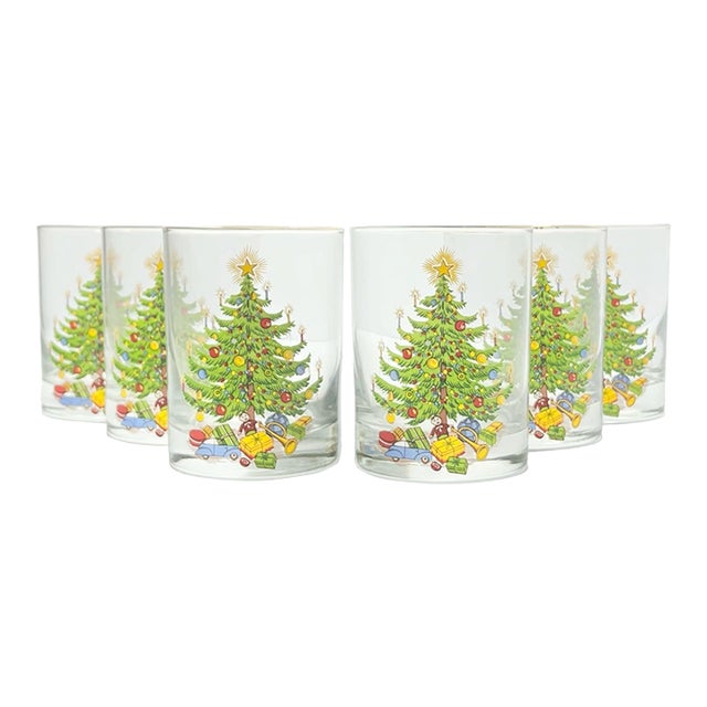 1980s Vintage Christmas Tree Old Fashioned Tumbler Drinking Glasses - Set of 6 For Sale