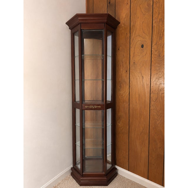 Mid-Century Modern Vintage Wood Corner Curio Cabinet With Glass Shelves & Display Case For Sale - Image 3 of 3
