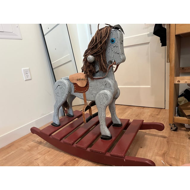 Rustic Large Vintage Folk Art Wooden Rocking Horse For Sale - Image 3 of 8